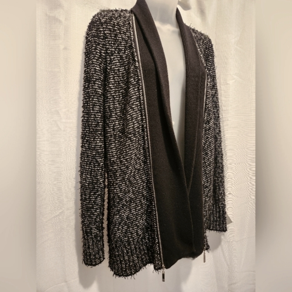 Ivanka Trump Black Zipper Detail Open Fringe Knit Cardigan Size M Fall Winter - Picture 5 of 9